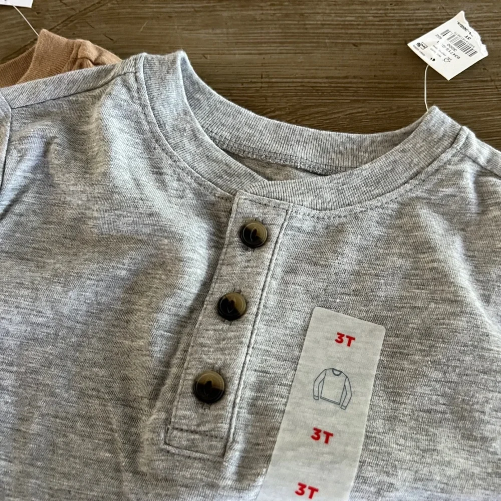 NEW Old Navy Boys 3T Henley Shirts 2 Pack Gray Tan Long Sleeve Slub Jersey Lot